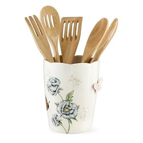 <b>Lenox Butterfly Meadow Porcelain Utensil Crock with Wooden Utensils</b>