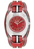 ACTIVA Watches:Juniors Black/White Stripe Dark Red Leatherette Red Dial