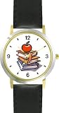 Red Apple on Top of School Books – WATCHBUDDY® DELUXE TWO-TONE THEME WATCH – Arabic Numbers – Black Leather Strap-Size-Children’s Size-Small ( Boy’s Size & Girl’s Size )