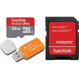 Sandiisk Mobile Ultra 32GB Micro SDHC MicroSD Memory Card with SD Adapter Class 6 200x Speeds up to 30mb/s - Retail Pack w/ Everything But StromboliTM Orange USB MicroSD Card Reader