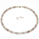 14k Yellow Gold 7-8mm Genuine 14k Yellow Gold 7-8mm Genuine Multi-color Pink Freshwater Pearl Necklace 18" Length Matching with 14k Yellow Gold Button Shape Stud Earring.