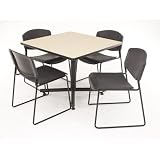 Hospitality 36 Square Reversible Wood Laminate Table in Beige / Grey Nebula with 4 Stackable Zeng Chairs Chair material: Black Plastic