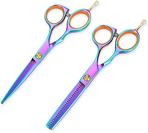 PrettyGal 2pcs Professional Barber Hair Cutting Scissors/Shears, 5.5inch Styling Titanium Coated Hairdressing Scissors and Thinning Shear for Home or Barbershop Salon(Colorful)