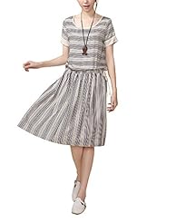 Striped Print Scoop Neck Short Sleeves Fitted  Cotton/Linen  Dress With Ruffles