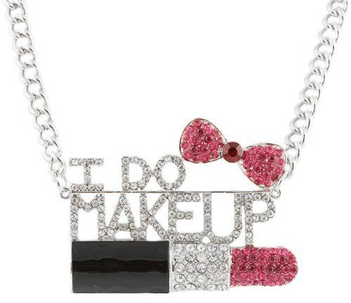 Silvertonetone Fully Iced Out I Do Makeup Fuchsia Lipstick and Bow Pendant with an 18 Inch Adjustable Link Necklace
