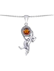 Original Star K (tm) Cat Lover Pendant with January Birthstone Simulated Garnet in 925 Sterling Silver