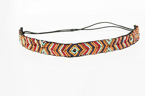 Rainbow Tri Color Beaded Thin Headband. Indian Princess Bohemian Style Headband. Elastic Band to Fit Any Size Head. Comes with Look Guide to Show You Many Styles.