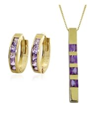 14k Gold Jewelry Set: Natural Purple Amethyst Pendant Necklace and Huggie Hoop Earrings