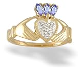 14K Yellow Gold Genuine Marquise Tanzanite and Diamond Celtic Claddagh Ring