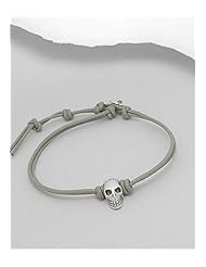 Gray Skull Leather Bracelet In 92.5 Sterling Silver