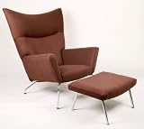 Hans J Wegner Style Wing Chair & Ottoman, Java Brown Boucle Danish Wool