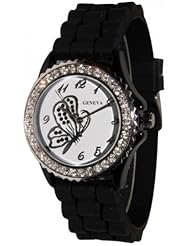 Ladies Geneva Butterfly Design Silicone Watch - Black