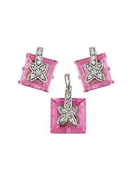 Sterling Silver Earrings and Pendant Set Square Pink Chess Cut Cubic Zirconia Stone with Pave Cross on Top