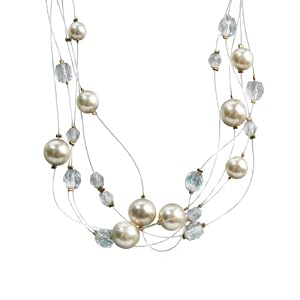 Cream Simulated Pearl and Faceted Bead Illusion Necklace, 17+2\” Extender