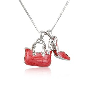 Red Enamel with Crystal Bag and Shoe Pendant Necklace Fashion Jewelry
