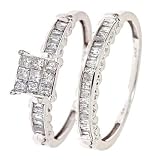 1/2 Carat T.W. Princess, Baguette Cut Diamond Engagement Ring and Women's Wedding Band Set 14K White Gold - Size 7