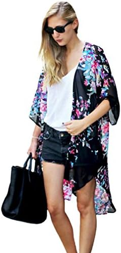 OVERMAL Women Floral Printed Chiffon Kimono Cardigan Shawl Blouse Tops Cover up (US=4)