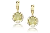 14K Yellow Gold Matte-Finish Hand-Crafted Semi-Precious Color Stone Earrings, Centered with a Lemon Quartz Center Stone, Surrounded by Pave Set Diamonds.