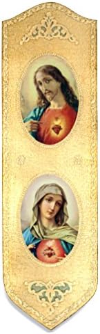 Vatican Arts Large Sacred Hearts of Jesus and Mary Wall Panel with Gold Leaf and Wall Hook - Made in Italy