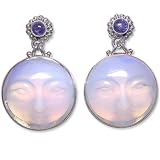 Sterling Silver Carved Opalite Face and Tanzanite Post Earrings by Sajen