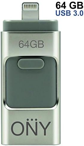 IPhone Flash Drive. 64 GB Android and IPhone external storage. ONY 3 in 1 adapter with USB 3.0, OTG micro USB and Lightning connector. Best rated high-speed IPhone memory expansion. NEW
