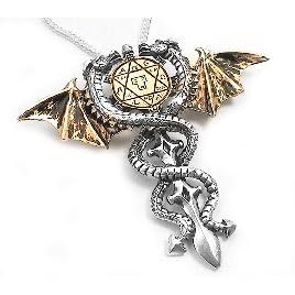 Silver-Toned Pewter Gothic Sacred Dragon Star of Solomon Charm Pendant Necklace