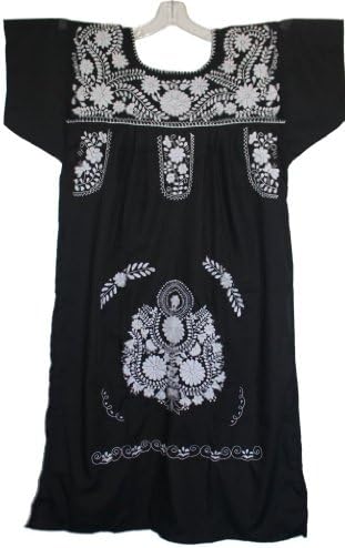 Embroidered Mexican Peasant Dress with Solid White Embroidery (Black Size Medium)
