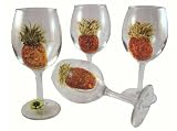 ArtisanStreet's Pineapple Design Wine Glasses. Set Of Four Goblets Feature Hand Painted Green Topped Pineapples. One Of A Kind & Signed By Artisan.