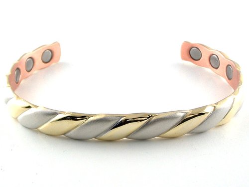 Gold & Satin Silver Twist Copper Pain Magnetic Bracelet, Medium – 7″ – Fit Wrist Size 7.25″ – 7.75″