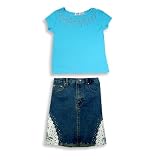 Beautiful Girl - Girls Short Sleeve Denim Skirt Set, Turquoise, Blue