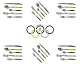 LAGUIOLE Dubost - EXCLUSIVE! - LONDON 2012 OLYMPICS - COMPLETE 30 pcs flatware set - Olympic Games colors (blue - gold/yellow - black - green - red) - in HEAVIER 25/10 stainless steel - blade: 2.5 mm thick (very sturdy!) - 6x knives + 6x soup spoons + 6x dessert/coffee spoons + 6x large forks + 6x dessert forks (official full family quality dinner table colour cutlery setting for 6 people - with CERTIFICATE of AUTHENTICITY - dishwasher safe! - gift wrap available - direct from FRANCE)