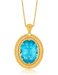 Italian Design 14K Yellow Gold Crochet Pendant with Oval Blue Topaz