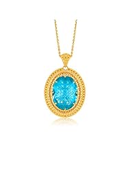 Italian Design 14K Yellow Gold Crochet Pendant with Oval Blue Topaz