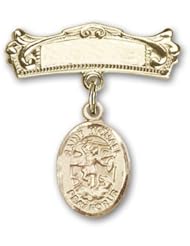 14K Gold Baby Badge with St. Michael the Archangel Charm and Arched Polished Badge Pin