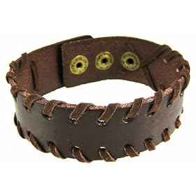 Brown Leather Stitched Wristband Bracelet Wrist Band