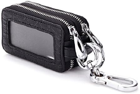Jaswon Authentic Leather Car Key Pouch Crocodile Family Key Case Holder Double Zipper Purse Wallet Mini-Size Clutch Bag with Key Ring &amp; Clear Window for Men Women (Black)