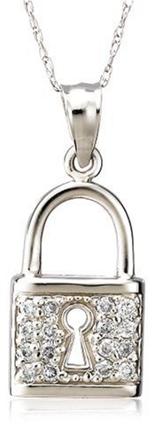 14k White Gold Diamond Lock Pendant (.16 cttw, J Color, I2 Clarity), 18''