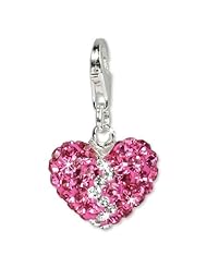SilberDream Glitter Charm Swarowski Elements love heart, pink and white shiny, 925 Sterling Silver Charms Pendant with Lobster Clasp for Charms Bracelet, Necklace or Earring GSC305