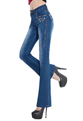春夏 レディース ボトムス デニム 刺繍入り アジアン ボヘミアン 脚長 美脚 ブーツカット ベルボトム デニムパンツ カジュアル 美尻 美シルエット ストレッチ 楽ちん すっきり K7635
