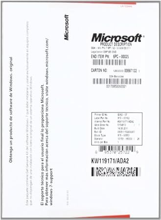 Microsoft OEM Windows 7 Pro Sp1 32-64 Bit Kit Legal 1 licencia