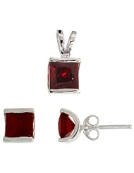 Sterling Silver Square-shaped Stud Earrings (7mm) & Pendant (12mm tall) Set, w/ Princess Cut Ruby-colored CZ Stones