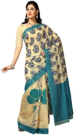 Fabdeal Indian Bollywood Light Yellow Cotton Printed Saree Sari Sarees