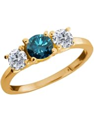1.09 Ct Round Blue Diamond G/H Diamond 14K Yellow Gold Ring