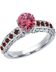 1.17 Ct Round Pink Diamond Red Garnet 14K White Gold Ring