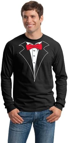 Mens Black Long Sleeve Tuxedo T-Shirt with Red Tie and no Carnation