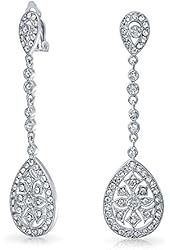 Bling Jewelry Pave CZ Art Deco Style Teardrop Bridal Chandelier Clip On Earrings Rhodium Plated