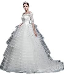 Elbow Length Sleeves  Lace   Ball Gown Wedding Dress  With Ruffles