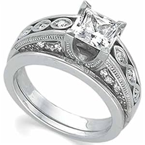 14Kt White Gold Designer Style Diamond Wedding Ring Set (Center stone is not included)