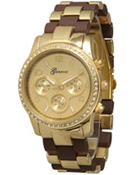 385 Geneva Brown w/ Gold Two-tone Chronograph Rhinestone Bracelet Link Watch