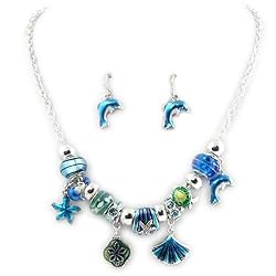 Silvertone Sea Life Charm Necklace and Earrings Set